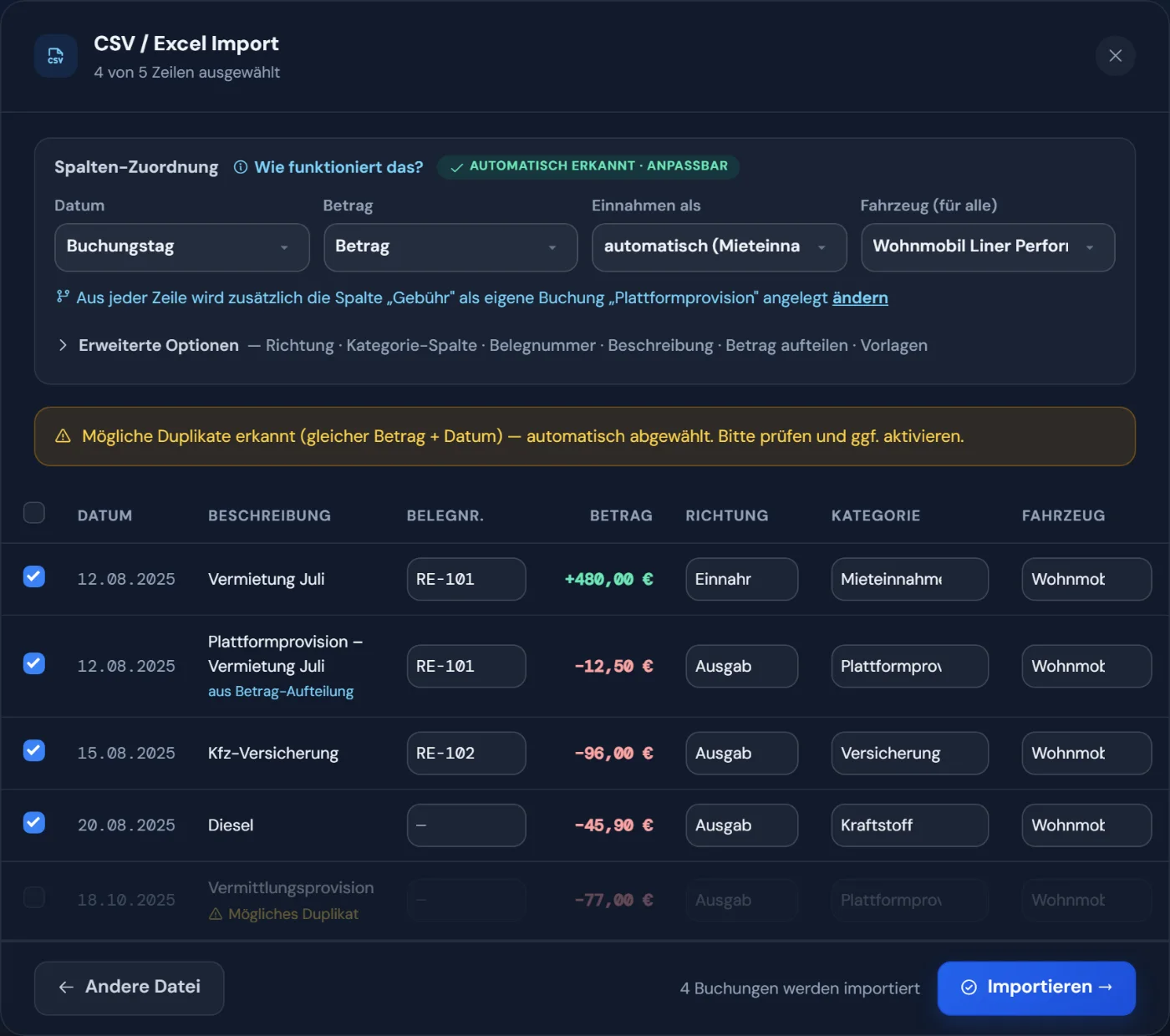 CSV-Import: mögliche Duplikate erkannt und automatisch abgewählt
