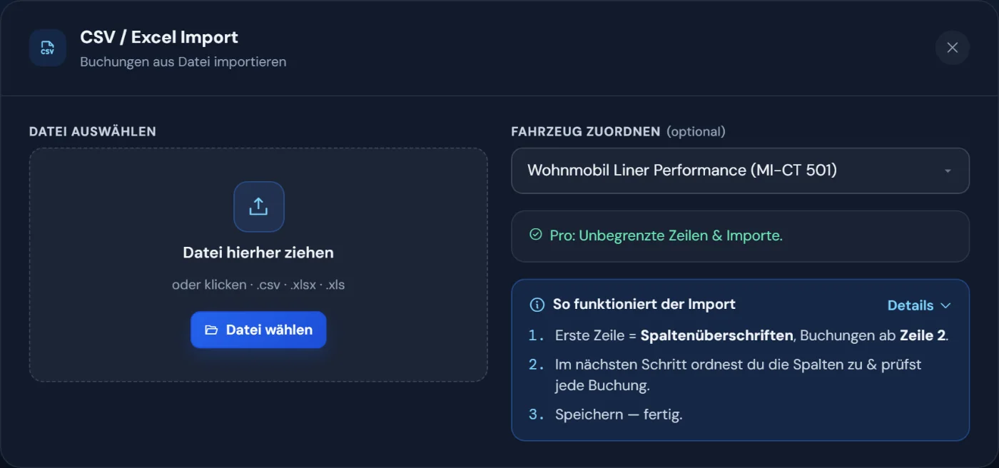 CSV-Import starten: Datei ablegen oder auswählen, optional einem Fahrzeug zuordnen