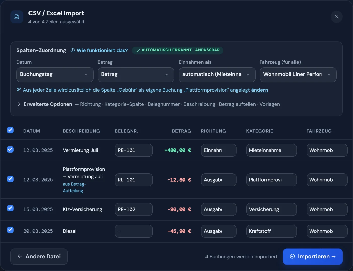 CSV-Import: Spalten automatisch erkannt und anpassbar, Vorschau der Buchungen mit Richtung und Kategorie