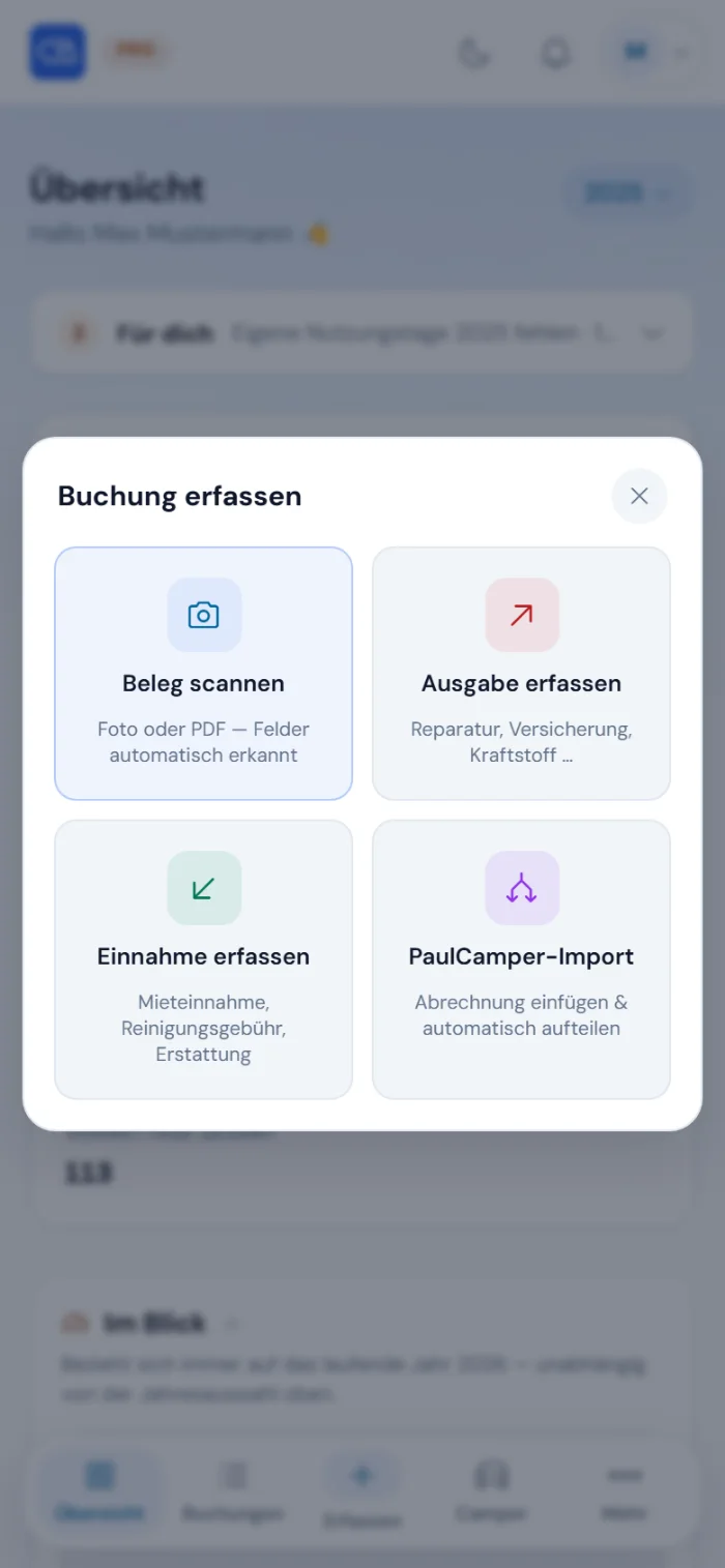 Buchung erfassen am Handy: Beleg scannen, Ausgabe, Einnahme oder PaulCamper-Import