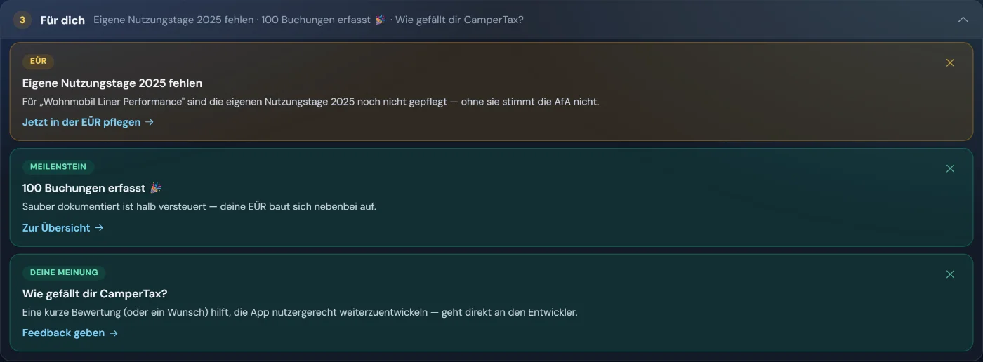 „Für dich“ in der Übersicht: persönliche Hinweise zu fehlenden Nutzungstagen, Meilensteinen und Feedback
