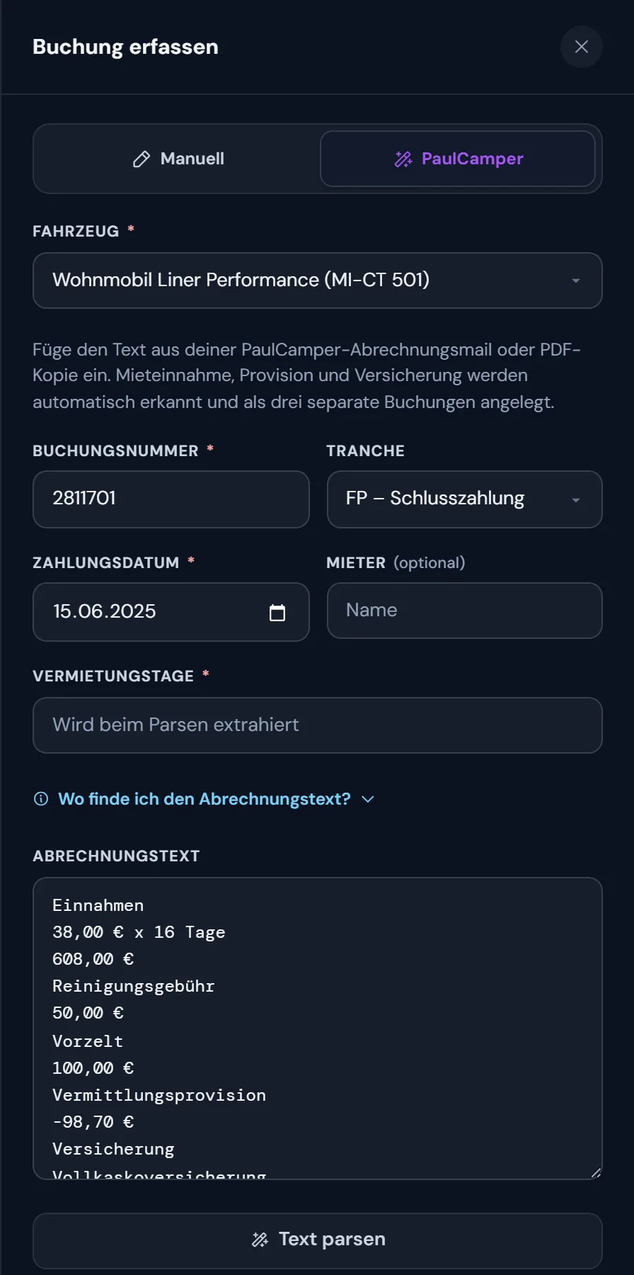 PaulCamper-Import: Abrechnungstext einfügen, Buchungsnummer und Zahlungsdatum angeben