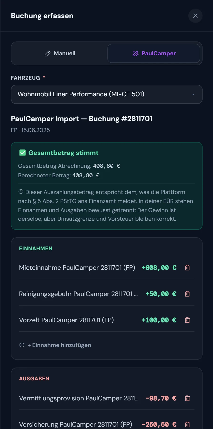 PaulCamper-Import geprüft: Gesamtbetrag stimmt, Einnahmen und Ausgaben getrennt, bevor gebucht wird