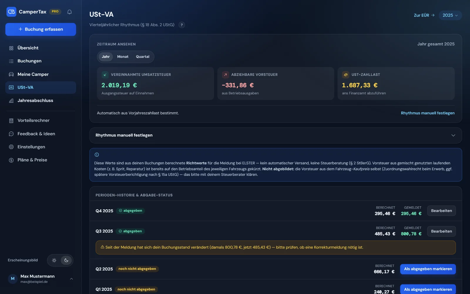 USt-VA am Computer: Zahllast je Zeitraum und Meldestatus der Voranmeldungen