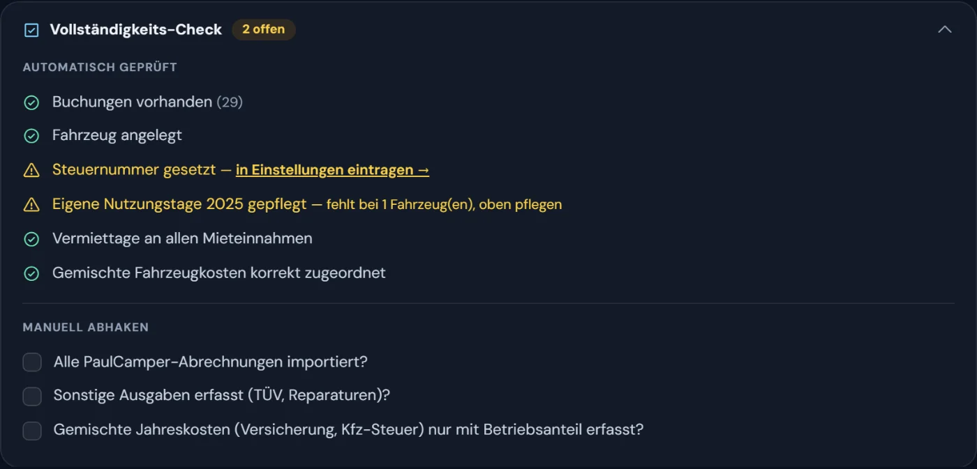 Vollständigkeits-Check im Jahresabschluss: automatisch geprüfte Punkte und Punkte zum Abhaken