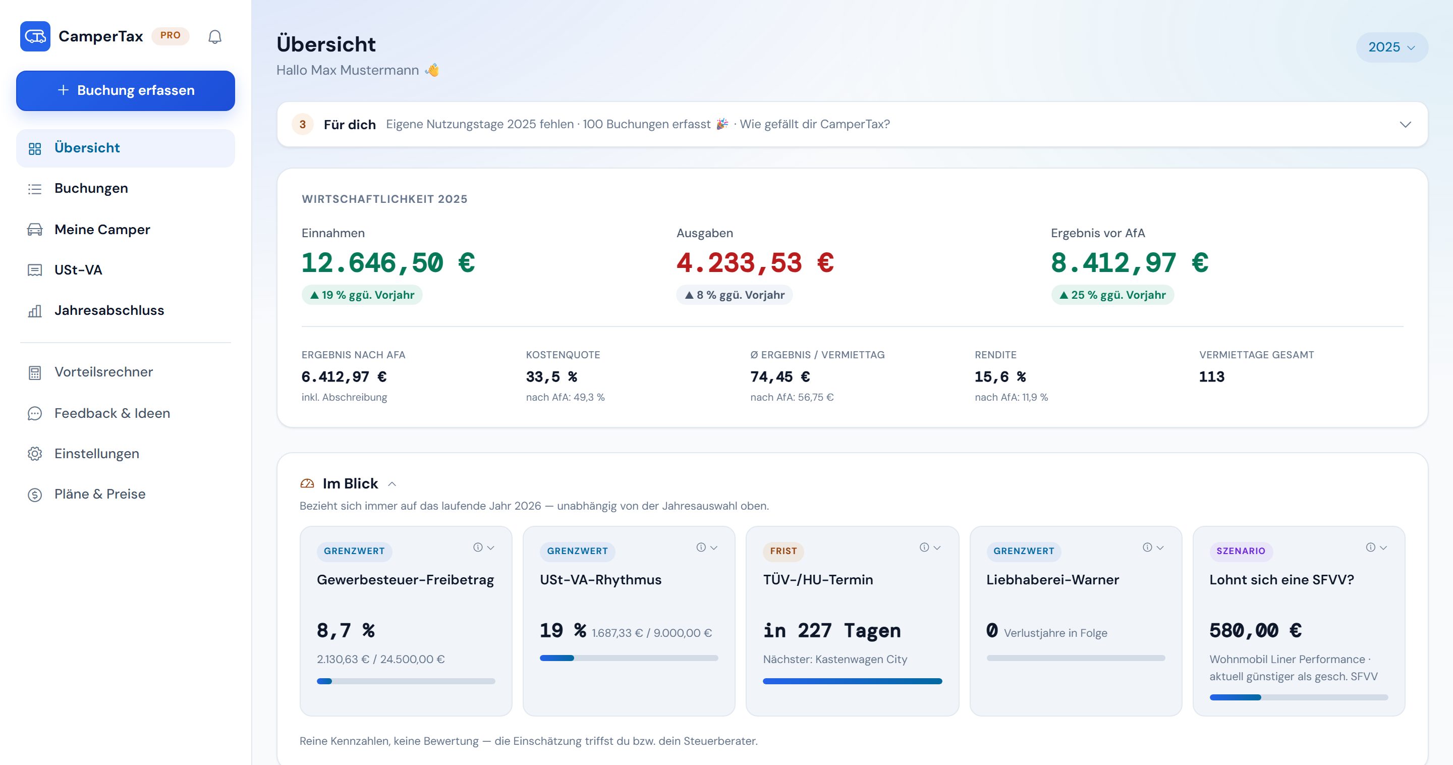 Die neue Übersicht in CamperTax mit Vergleich zum Vorjahr und Grenzen und Fristen im Blick