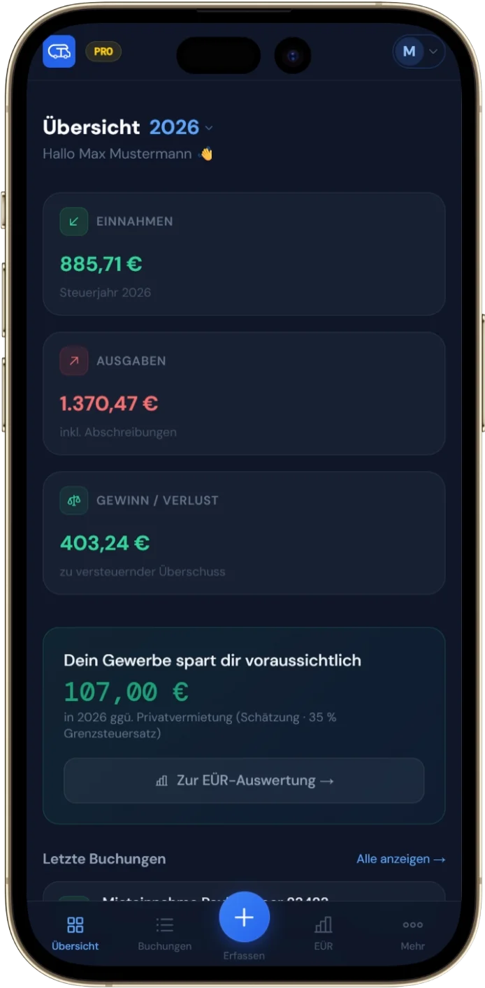 CamperTax – Dashboard Mobile (App-Screenshot)
