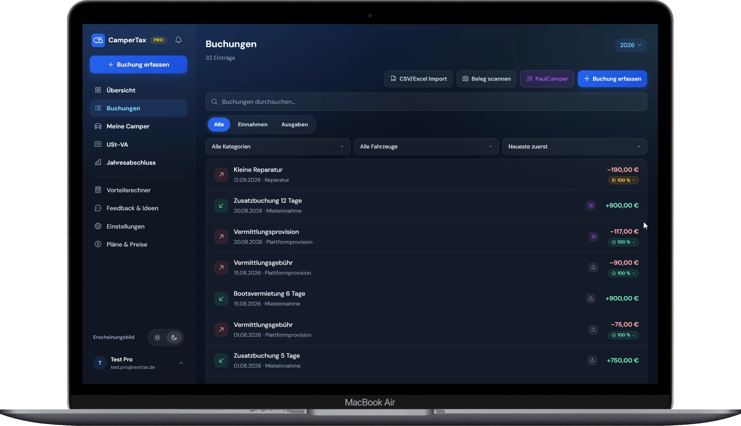 CamperTax – Buchungen (App-Screenshot)