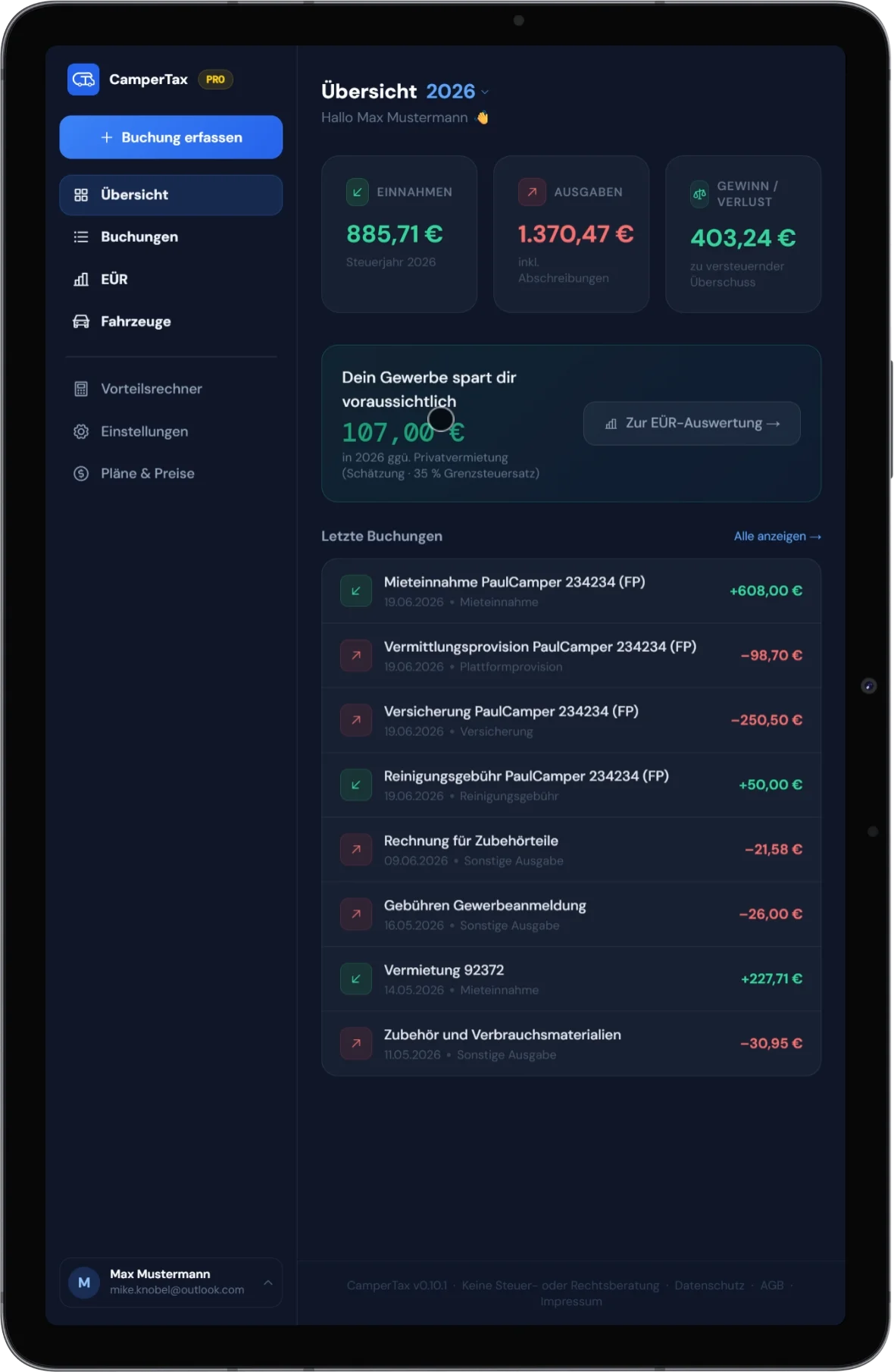CamperTax – Dashboard Tablet (App-Screenshot)