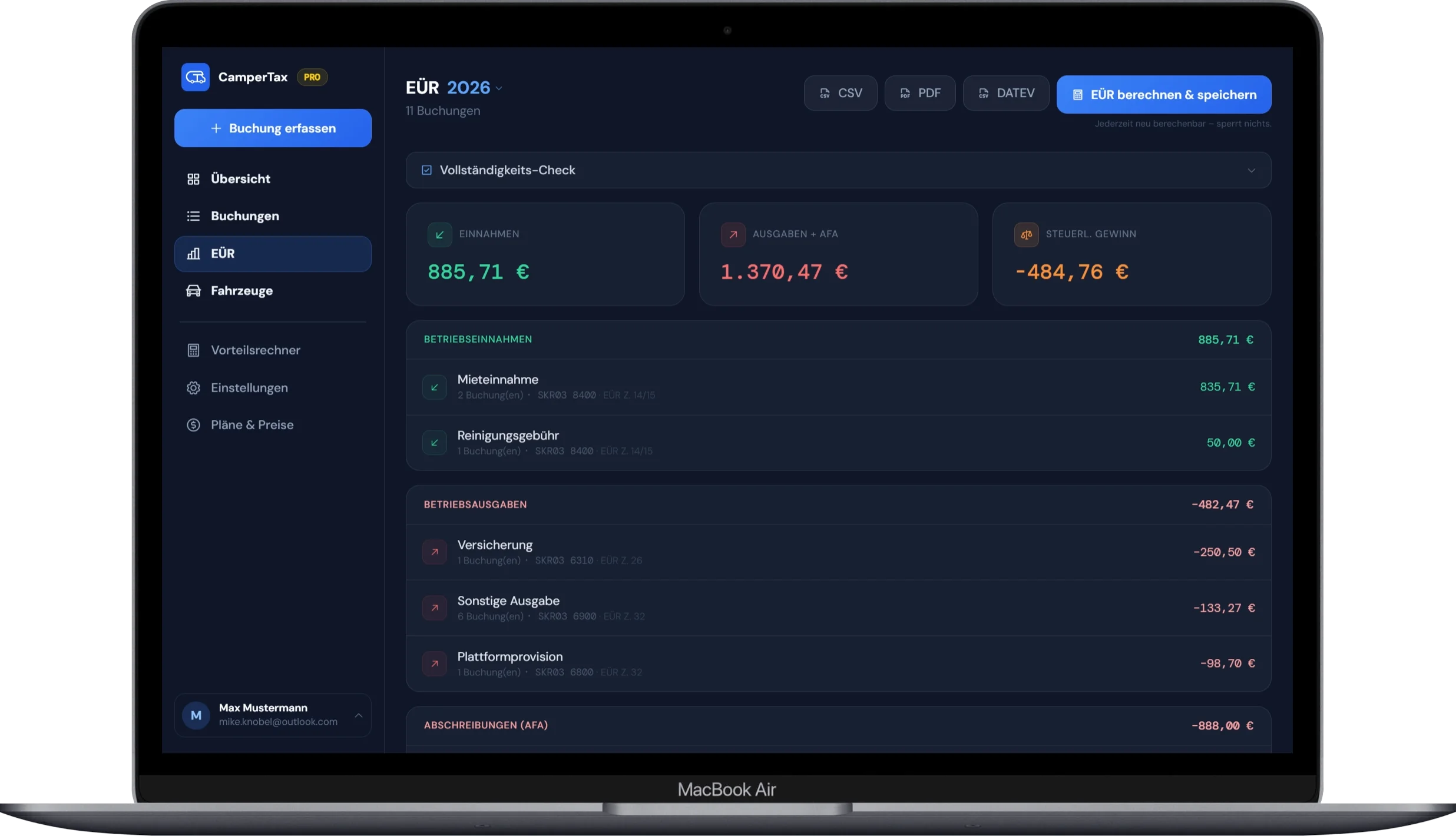 CamperTax – EÜR (App-Screenshot)