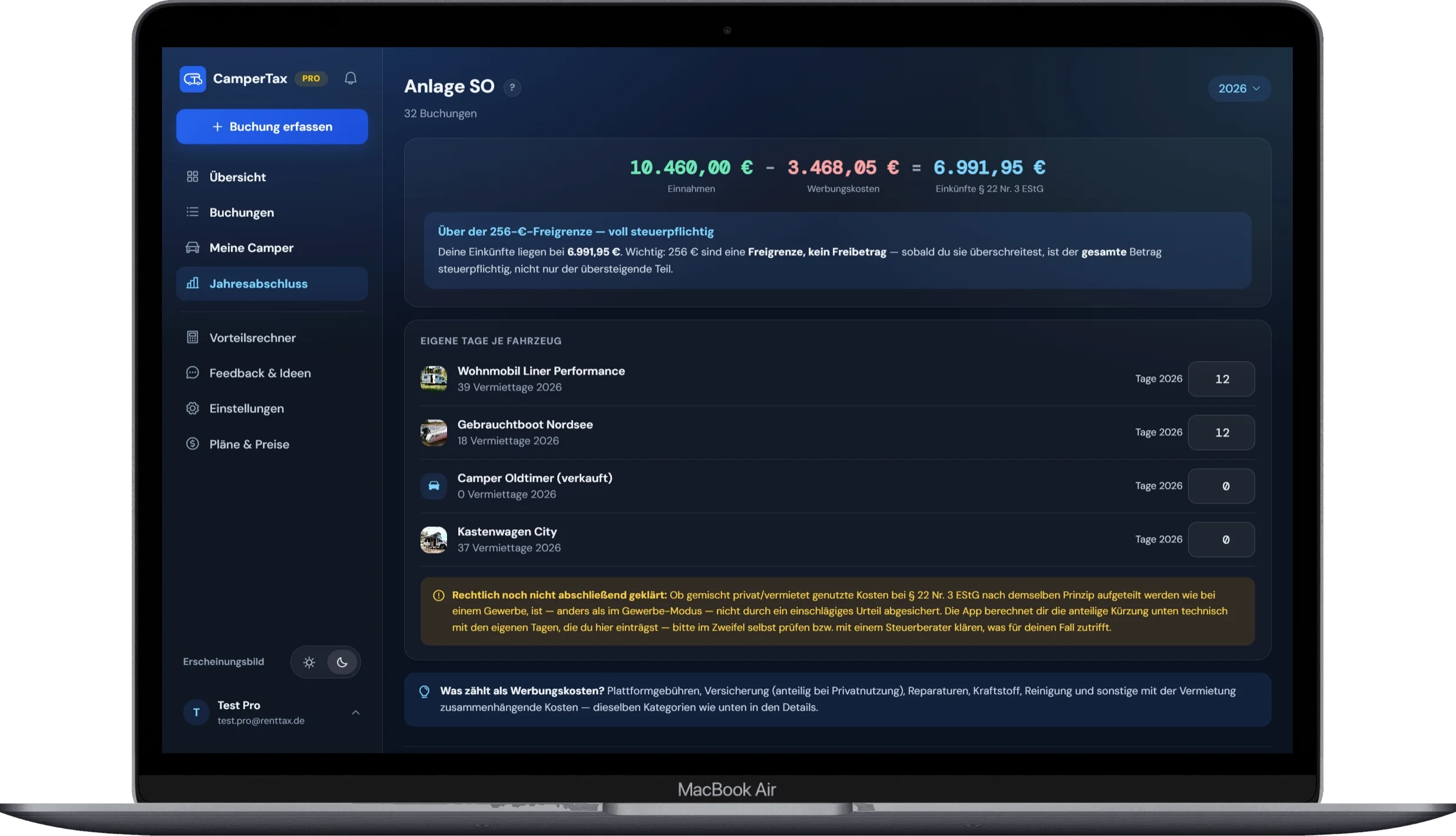 CamperTax – Anlage SO (App-Screenshot)