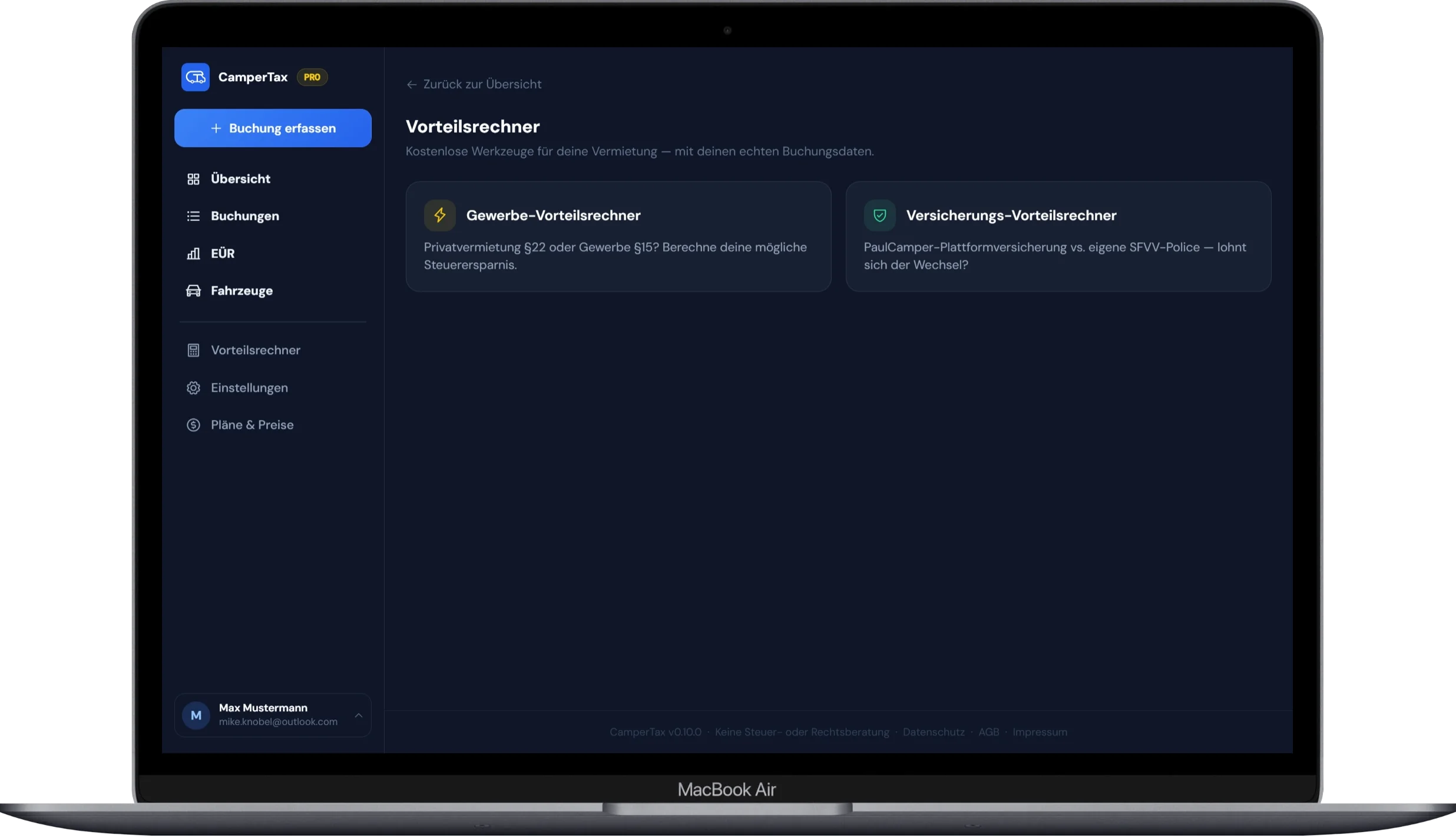 CamperTax – Vorteilsrechner (App-Screenshot)