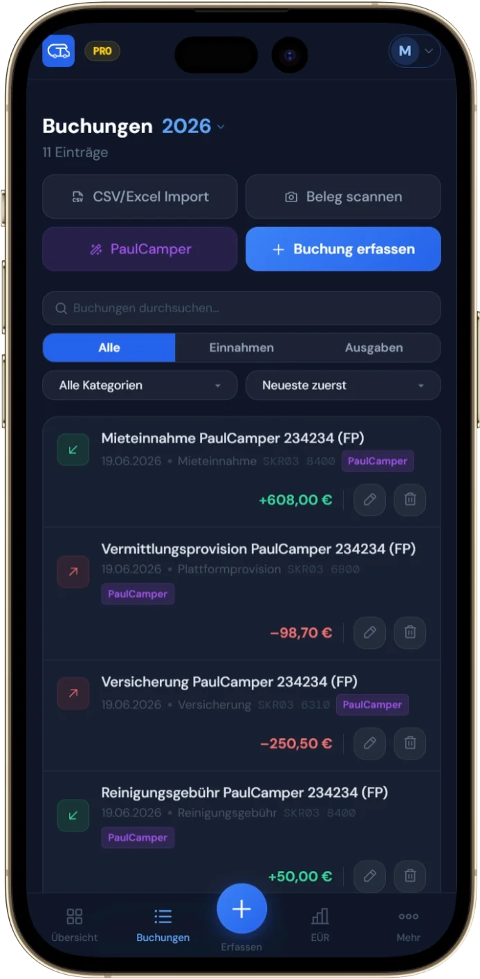 CamperTax – Buchungen Mobile (App-Screenshot)