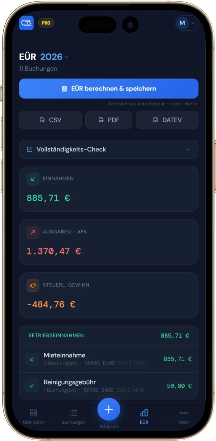 CamperTax – EÜR Mobile (App-Screenshot)