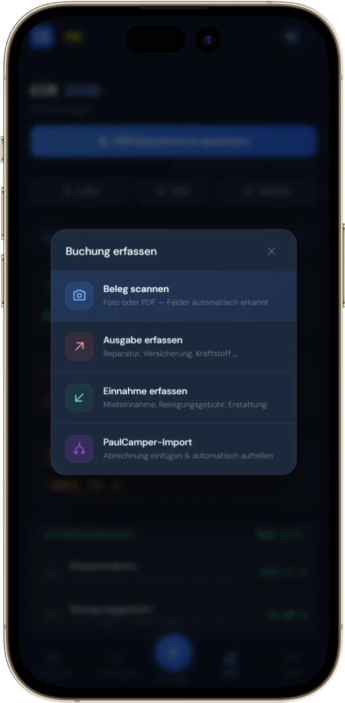 CamperTax – Buchung erfassen Optionen Mobile (App-Screenshot)