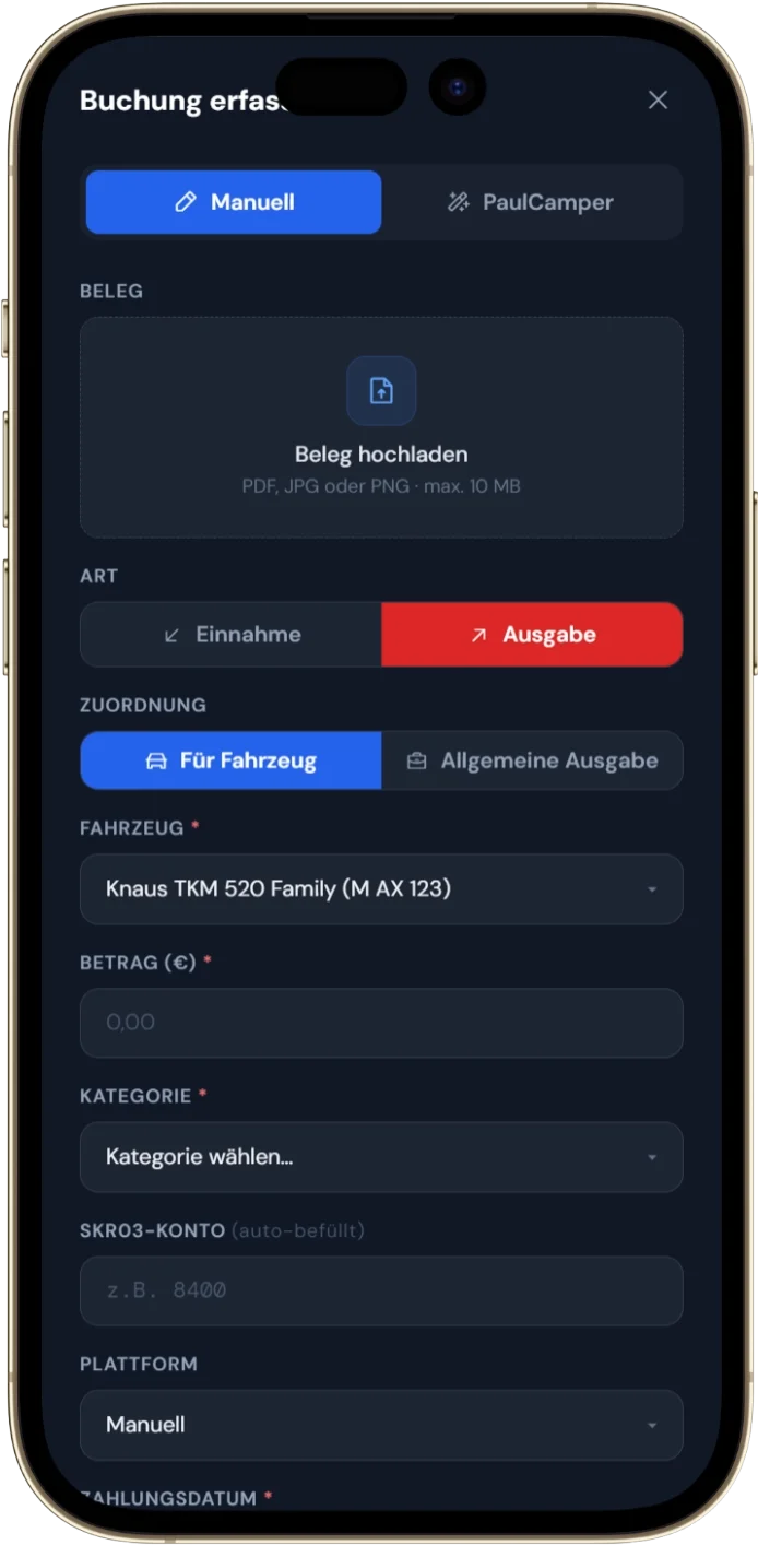 CamperTax – Buchung erfassen Mobile (App-Screenshot)
