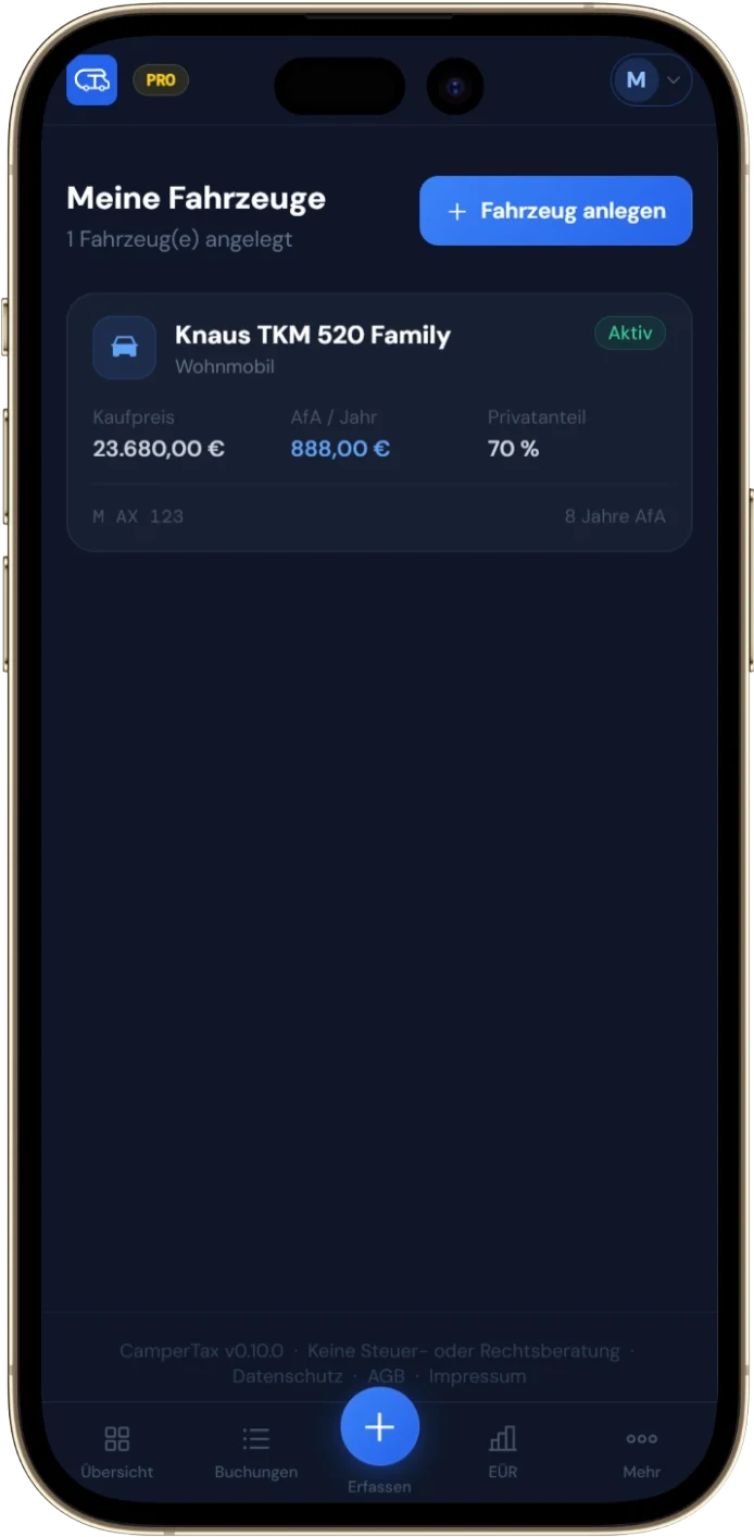 CamperTax – Meine Fahrzeuge Mobile (App-Screenshot)