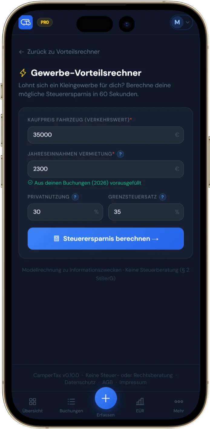 CamperTax – Gewerbe Vorteilsrechner Mobile (App-Screenshot)